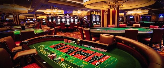 Poker players competing at a casino tournament table.