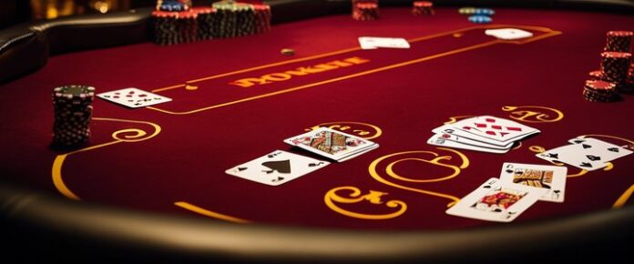 Poker players competing at a crowded tournament table.