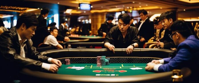 Poker players competing at a crowded tournament table.