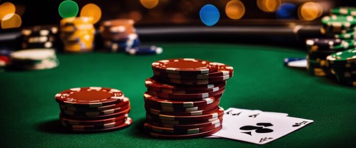 Poker players competing at a crowded tournament table.