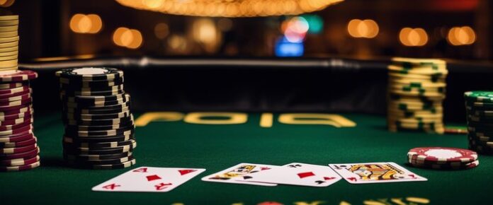 Poker players competing at a crowded tournament table.