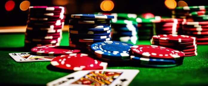 Poker players competing at a crowded tournament table.