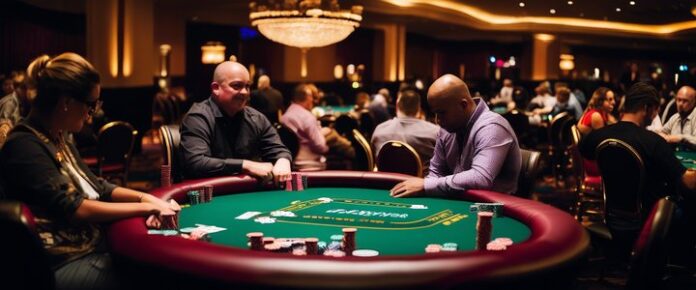 Poker players competing at a crowded tournament table.
