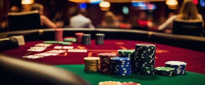 Poker players competing at a tournament table with cards and chips.