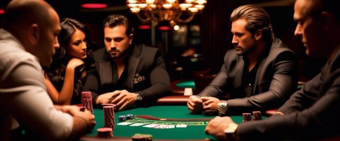 Poker players sitting at a table with cards and chips scattered.