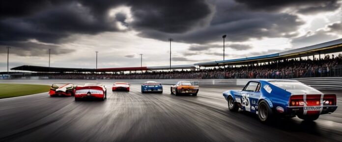 Racing cars speed around Casino Speedway track at night.