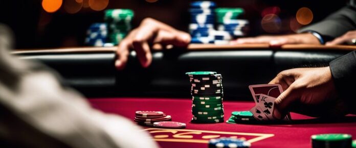 Stephen Song concentrating at a poker table, holding cards.