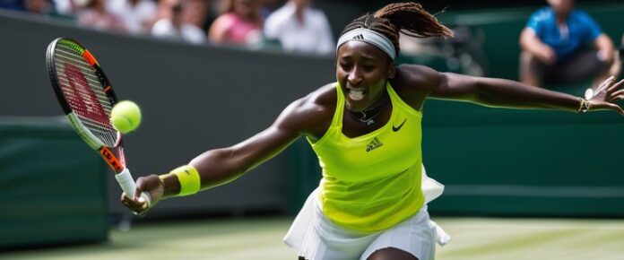 Tennis player Coco Gauff in action on the court.