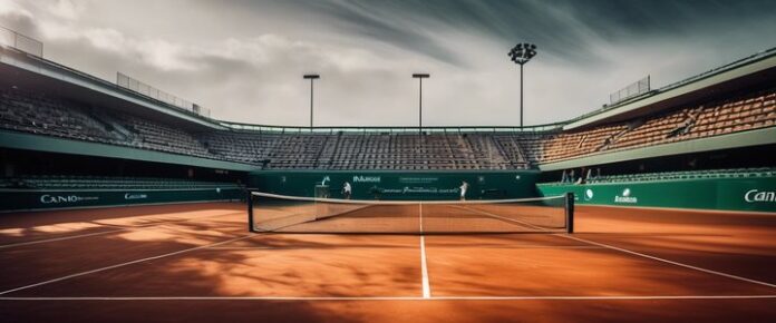 Tennis players in action on a French Open court.