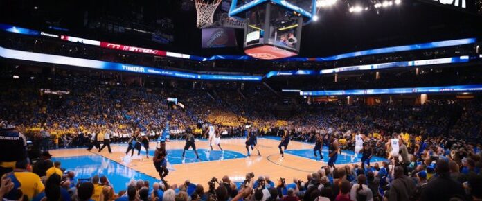 Thunder players celebrate winning Game 7 against Nuggets.