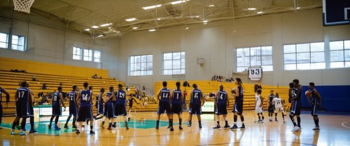 Thunder players defending the basket during a intense basketball game.
