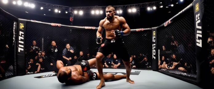 UFC champ Dricus Du Plessis in victorious pose after fight.