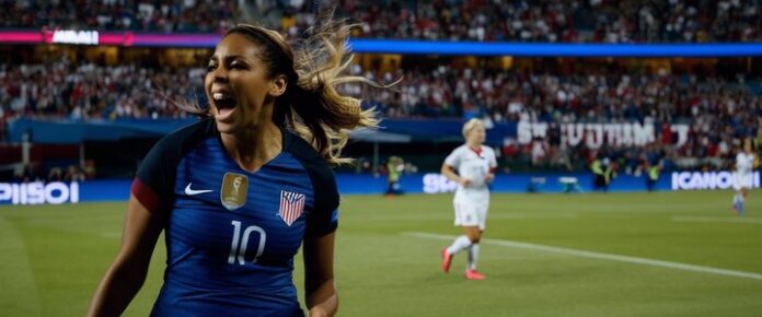 US women's soccer players in action during a match.