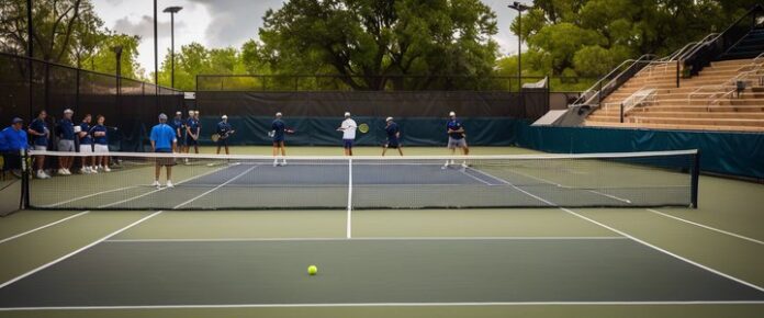UTPB men's tennis team in action on the court.